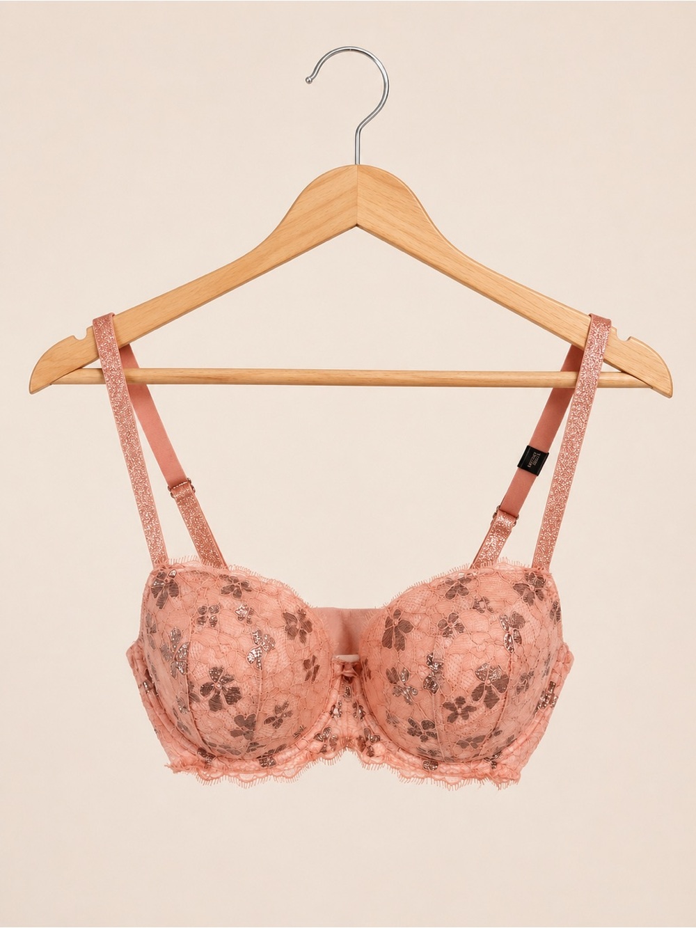 Victoria’s Secret Dream Angels Lined Demi Bra 32DD Blush Pink Metallic Lace NWT